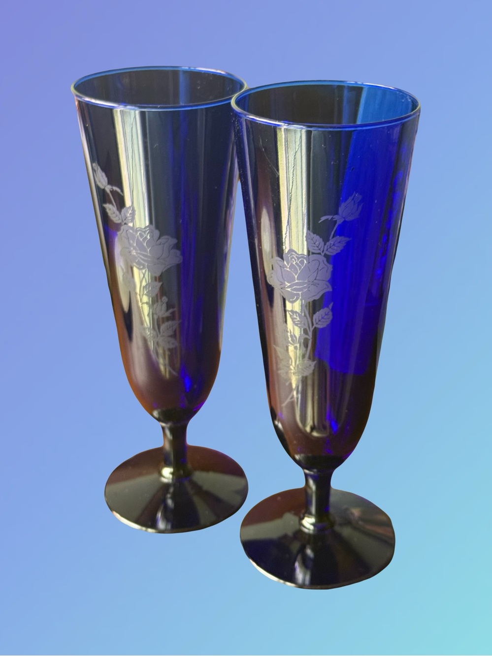 Two Cobalt Blue Etched Pilsner Glasses Perfect Condition Gorgeous Rose Pattern